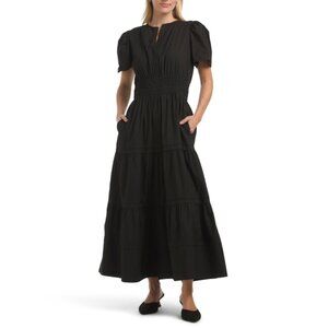 LEA Black Short Sleeve Ruched Waist Maxi Dress